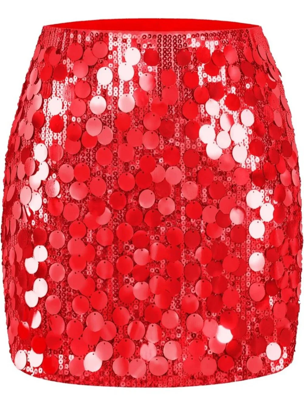 Women's Large Sequin Sparkle High Waist Bodycon Stretchy Red Mini Skirt